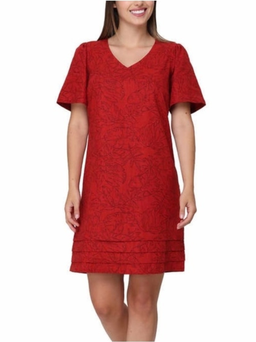 Nicole Miller Red Textured V-Neck Shift Dress $20 EUC